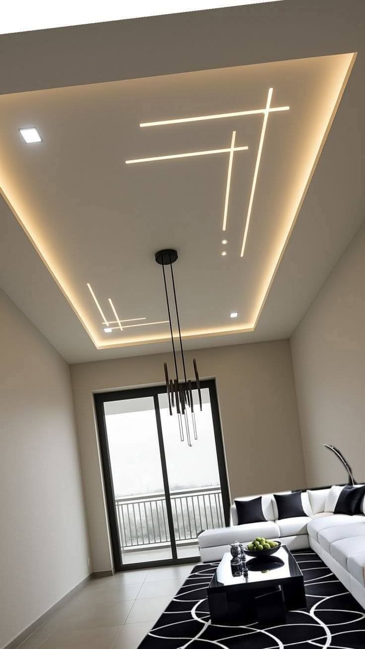 Linear strip ceiling - A sleek false ceiling featuring artistic linear LED patterns for a premium living room look. by Aamir Enterprises S, POP Ceiling & False Ceiling Contractor in Bhopal, Madhya Pradesh